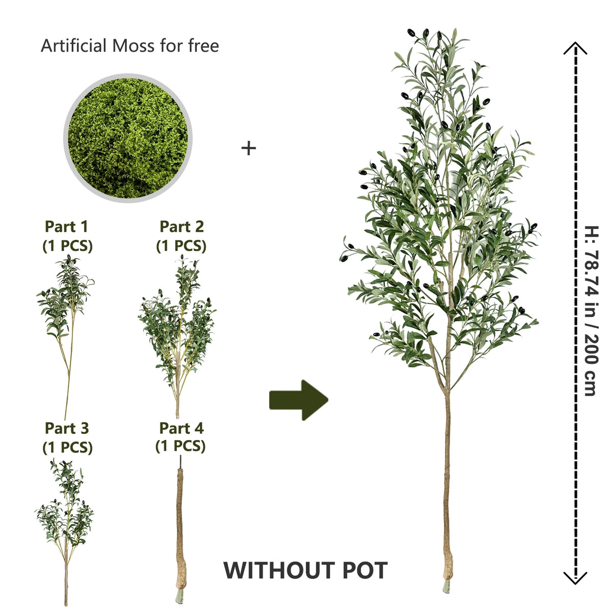 Set of four artificial olive tree branches for indoor decor, shown without a pot.