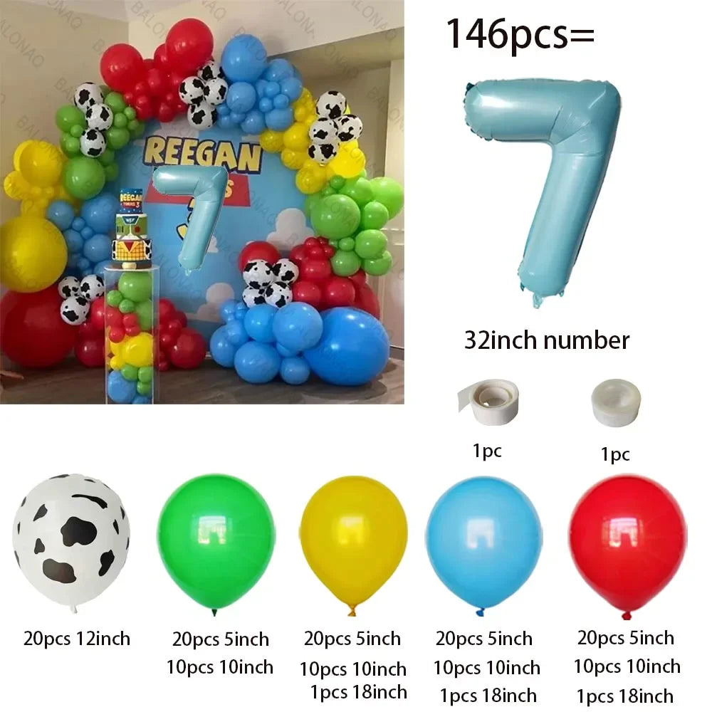A colorful latex balloon garland kit featuring balloons in blue, green, yellow, and red colors.