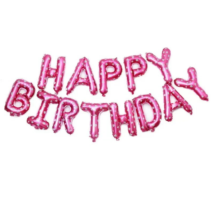 A set of pink and blue letter foil balloons spelling out Happy Birthday for party decoration