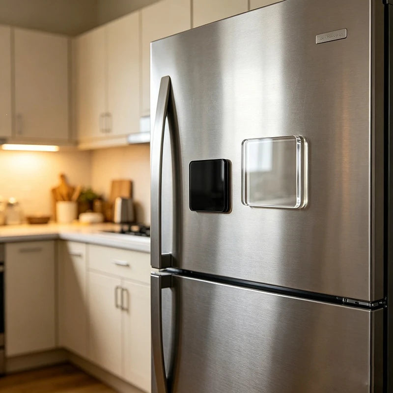 A stainless steel refrigerator door featuring a clear acrylic magnet and a black magnetic holder.