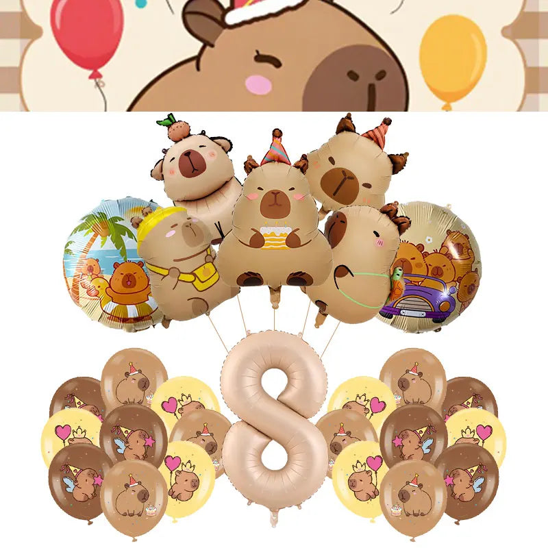A collection of round balloons featuring capybara faces and designs for a birthday party decoration kit.