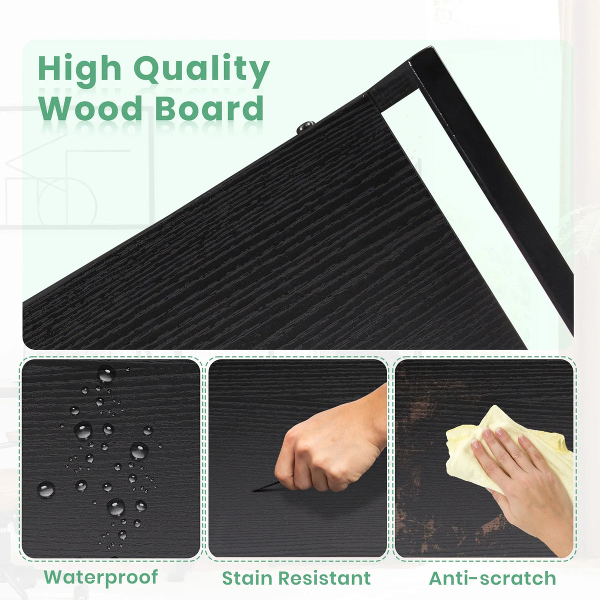A close-up view of a black, high-quality wood board demonstrating waterproof, stain resistant, and anti-scratch properties.