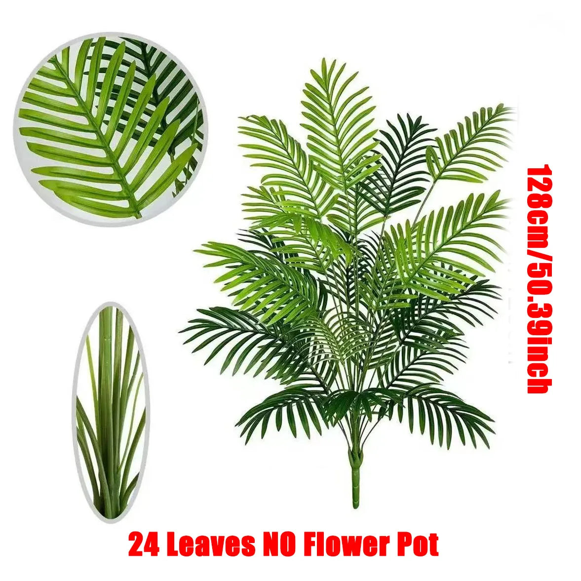 A lush artificial palm tree with 24 green monstera leaves displayed on a white background.