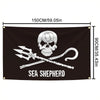 Black tapestry featuring a white skull and crossbones with a pirate sword and the text SEA SHEPHERD