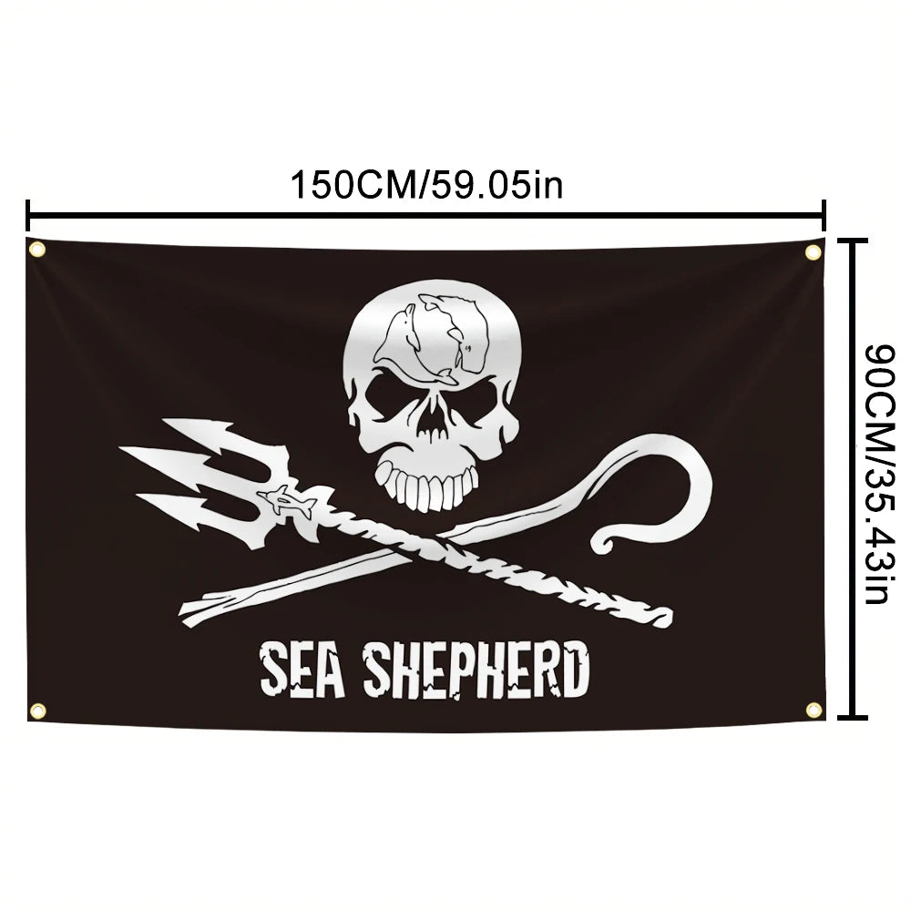 Black tapestry featuring a white skull and crossbones with a pirate sword and the text SEA SHEPHERD