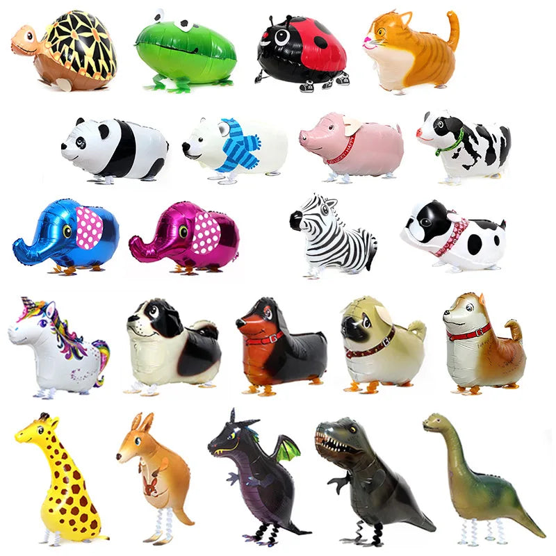 A collection of cartoon farm animal foil balloons including a hedgehog, frog, chicken, pig, cat, zebra, and dinosaur.