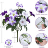 Artificial petunia flowers in purple and white colors shown with details on realistic appearance, detachability, bendability,