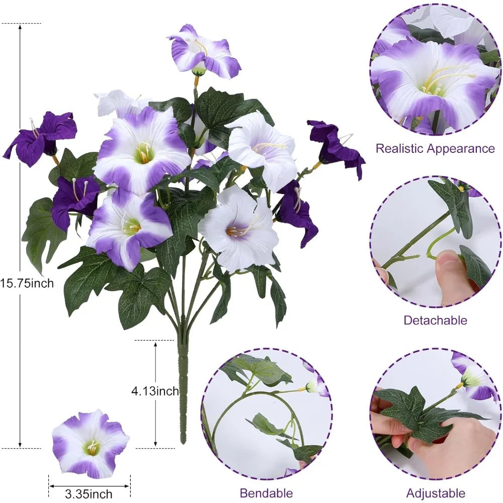 Artificial petunia flowers in purple and white colors shown with details on realistic appearance, detachability, bendability,