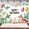 A vibrant watercolor illustration of dinosaurs and balloons serving as a birthday party backdrop.