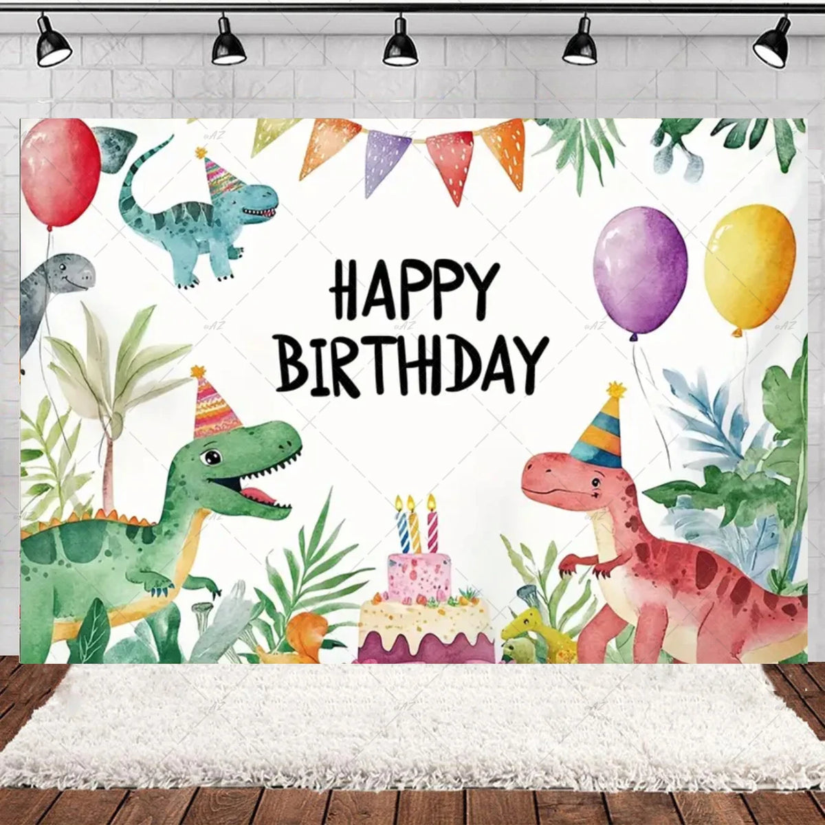 A vibrant watercolor illustration of dinosaurs and balloons serving as a birthday party backdrop.