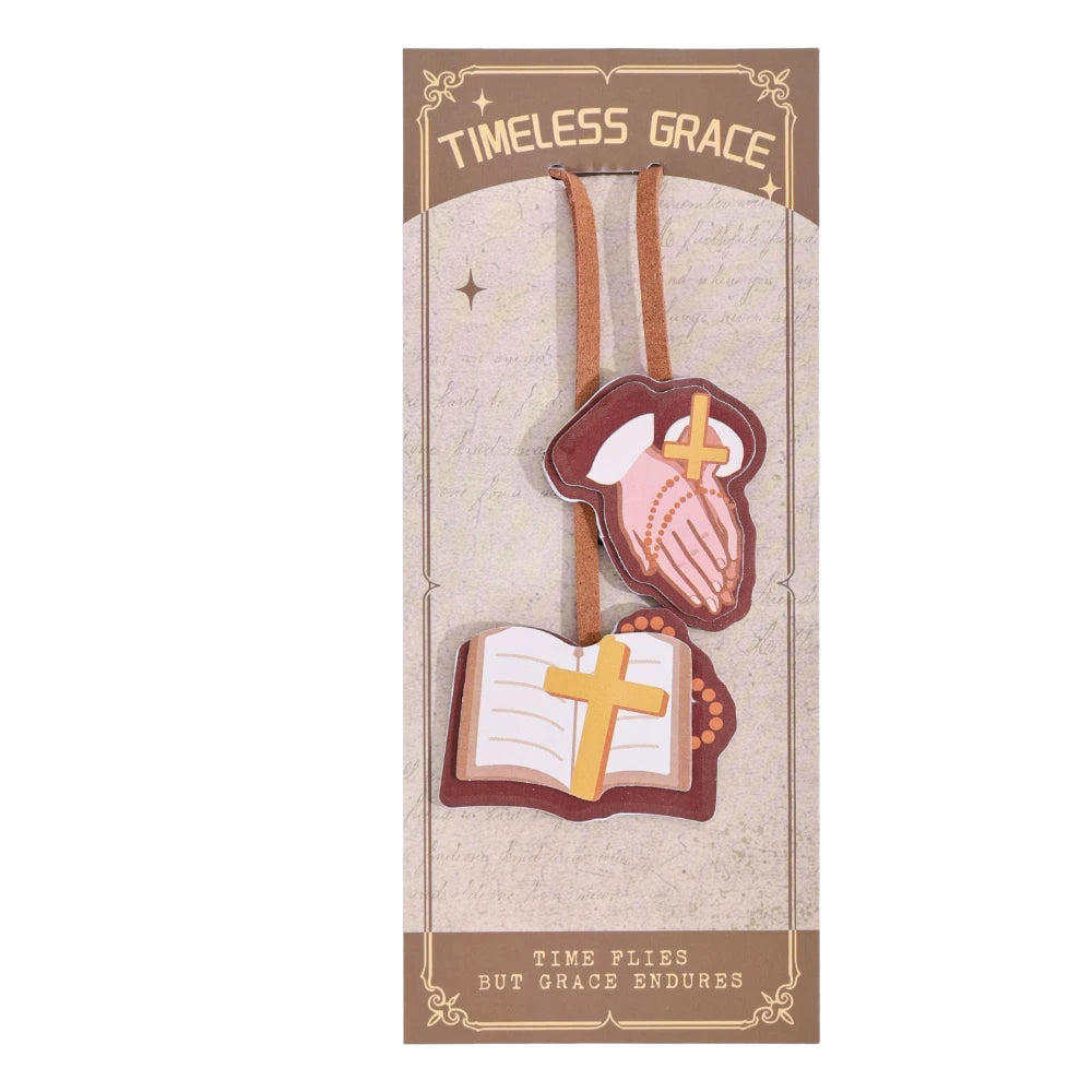 Marcador de Biblia de cuero PU con diseño de Jesús pastor con texto sobre gracia atemporal y gracia perdurable.