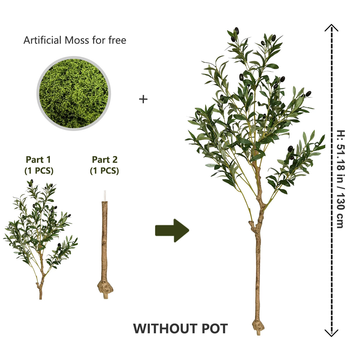 Artificial moss and olive tree branches shown as a plant without a pot for indoor decoration
