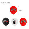 A set of 18 red balloons, some featuring a checkered racing car design.