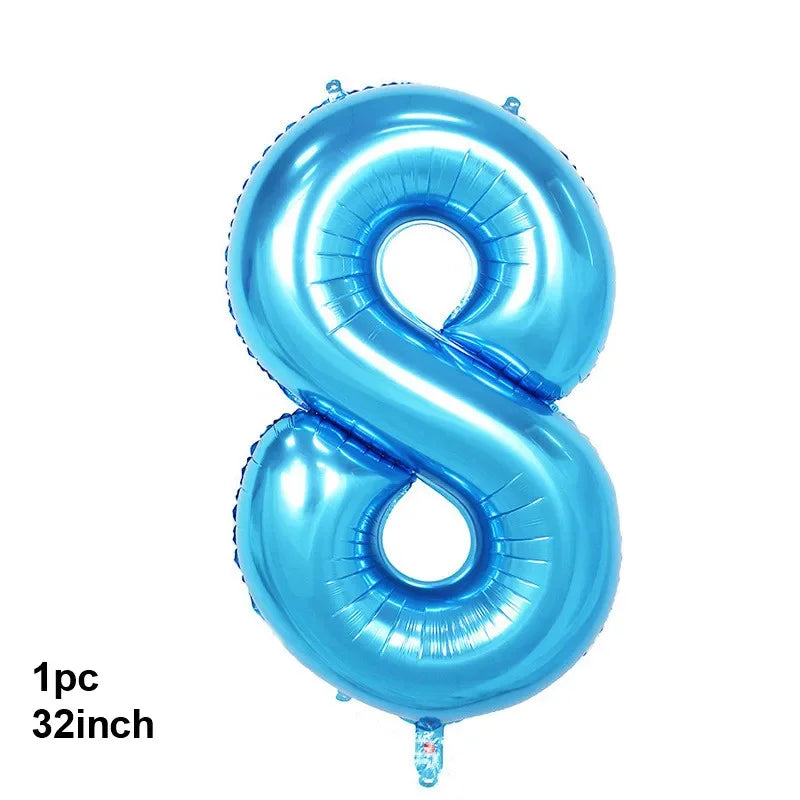 A single blue latex balloon shaped like the number 8, measuring 32 inches.