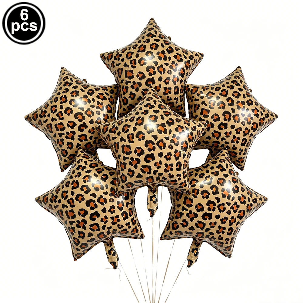 Six leopard print foil star balloons for party decorations