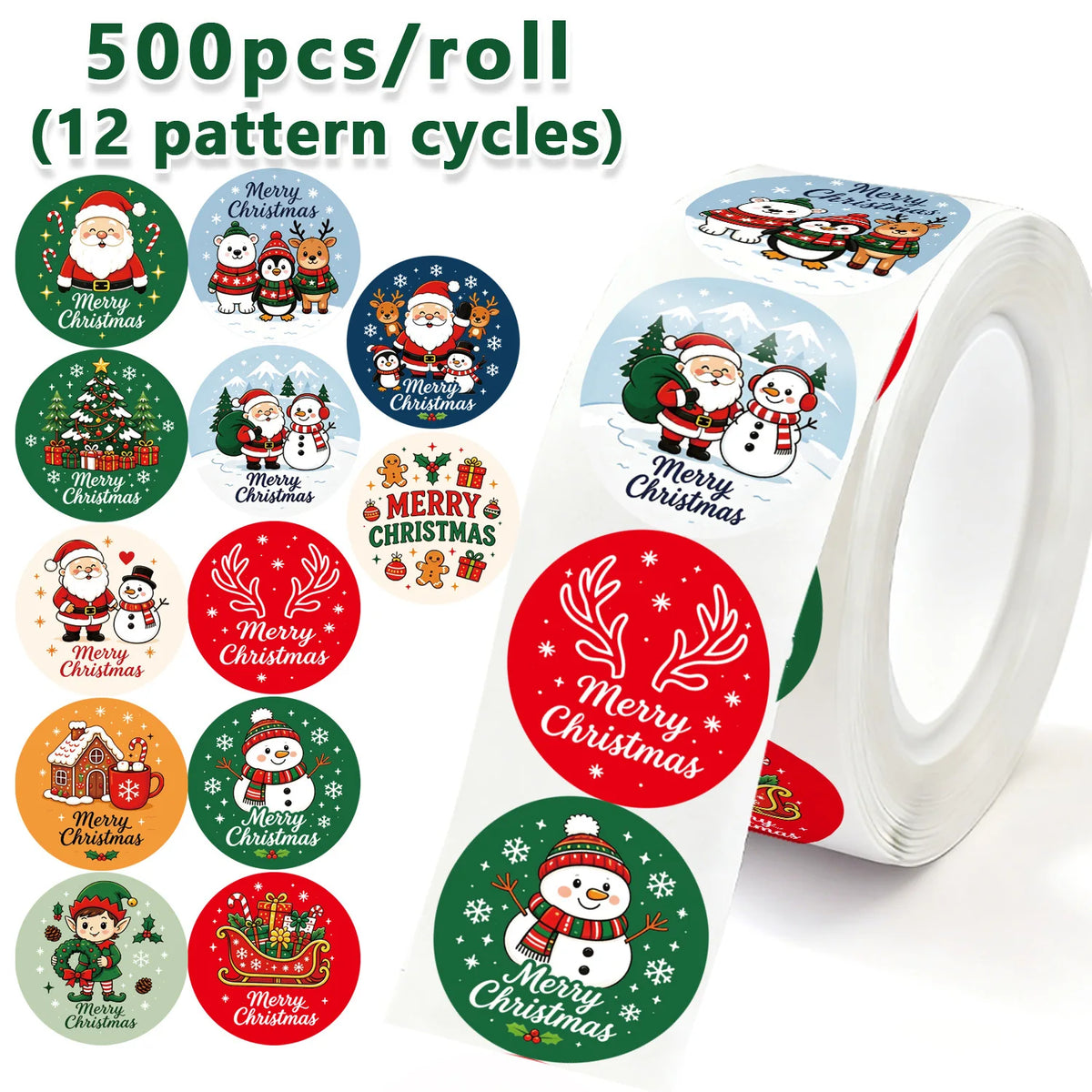 Roll of 500 festive Christmas wreath stickers in 12 pattern cycles for gift wrapping and card decoration