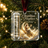 Clear acrylic ornament featuring a Christmas fireplace design with a gold silhouette of a woman and stars