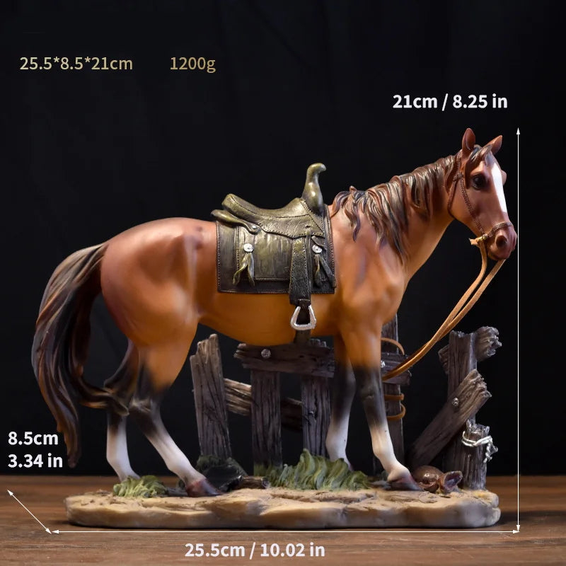 A rustic western horse sculpture with a saddle and bridle standing on a wooden fence base.