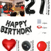 A set of red and black foil number balloons, heart balloons, and letter balloons for birthday decorations.