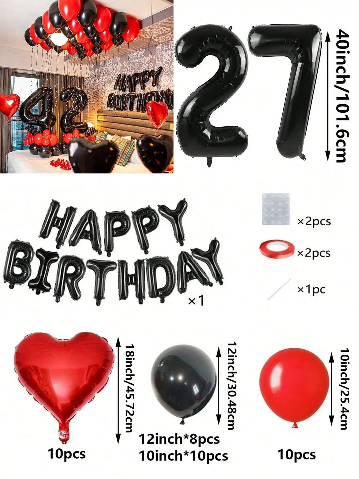 A set of red and black foil number balloons, heart balloons, and letter balloons for birthday decorations.