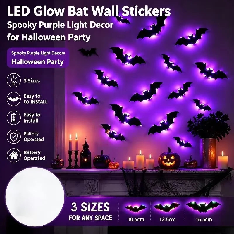 LED Glow Bat Wall Stickers in 3 sizes for Halloween party decoration