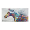 A vibrant painting of a horse's head and neck with bright, multicolored strokes against a gray background.