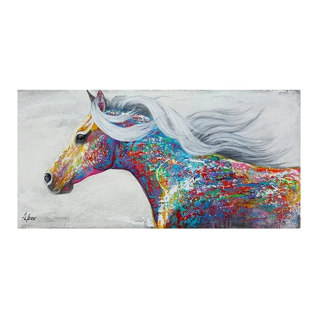 A vibrant painting of a horse's head and neck with bright, multicolored strokes against a gray background.