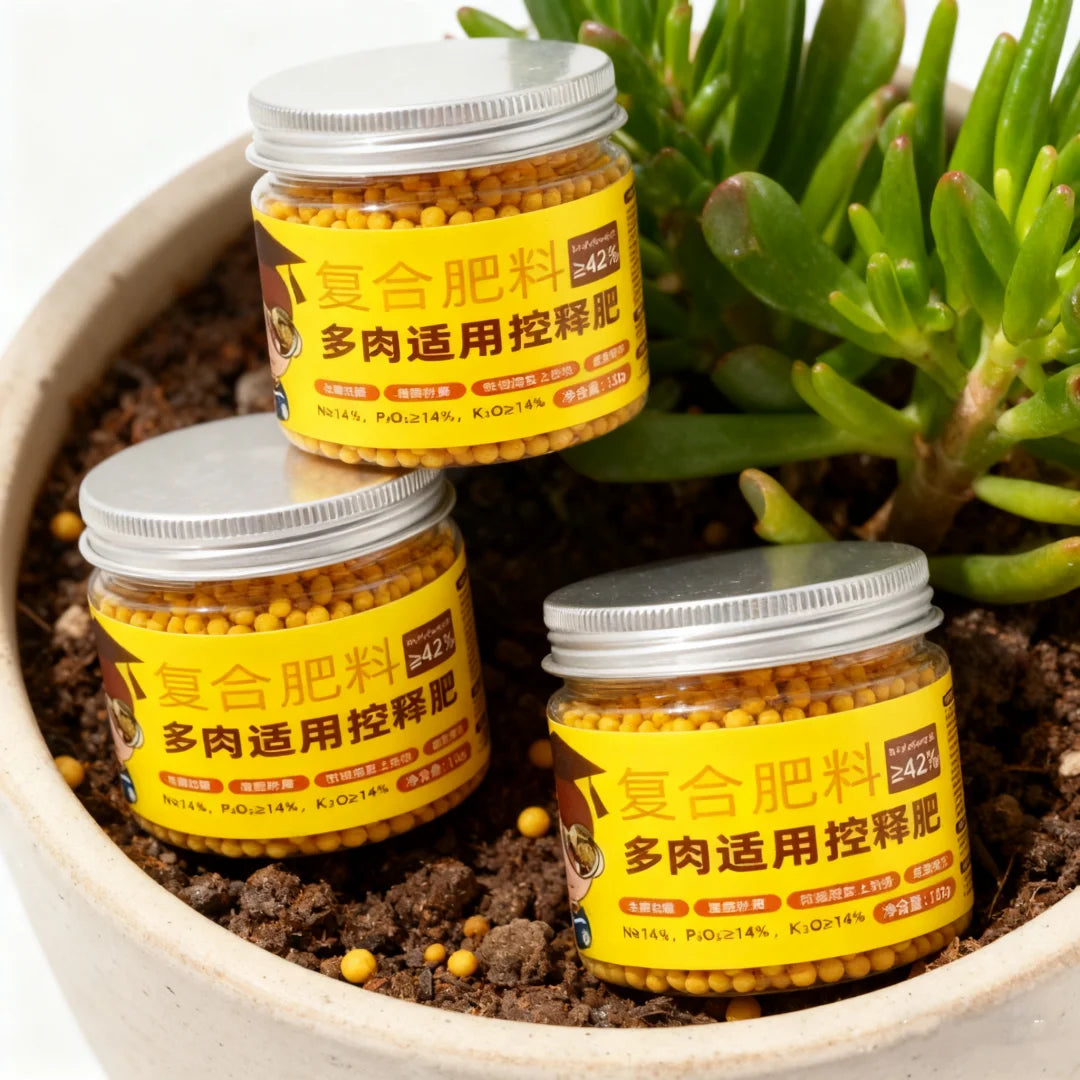 Two glass jars of granular slow-release plant fertilizer with yellow pellets are shown in a pot surrounded by green foliage.