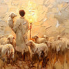 Peinture d'un berger debout dans un paysage doré et texturé avec des moutons au premier plan.
