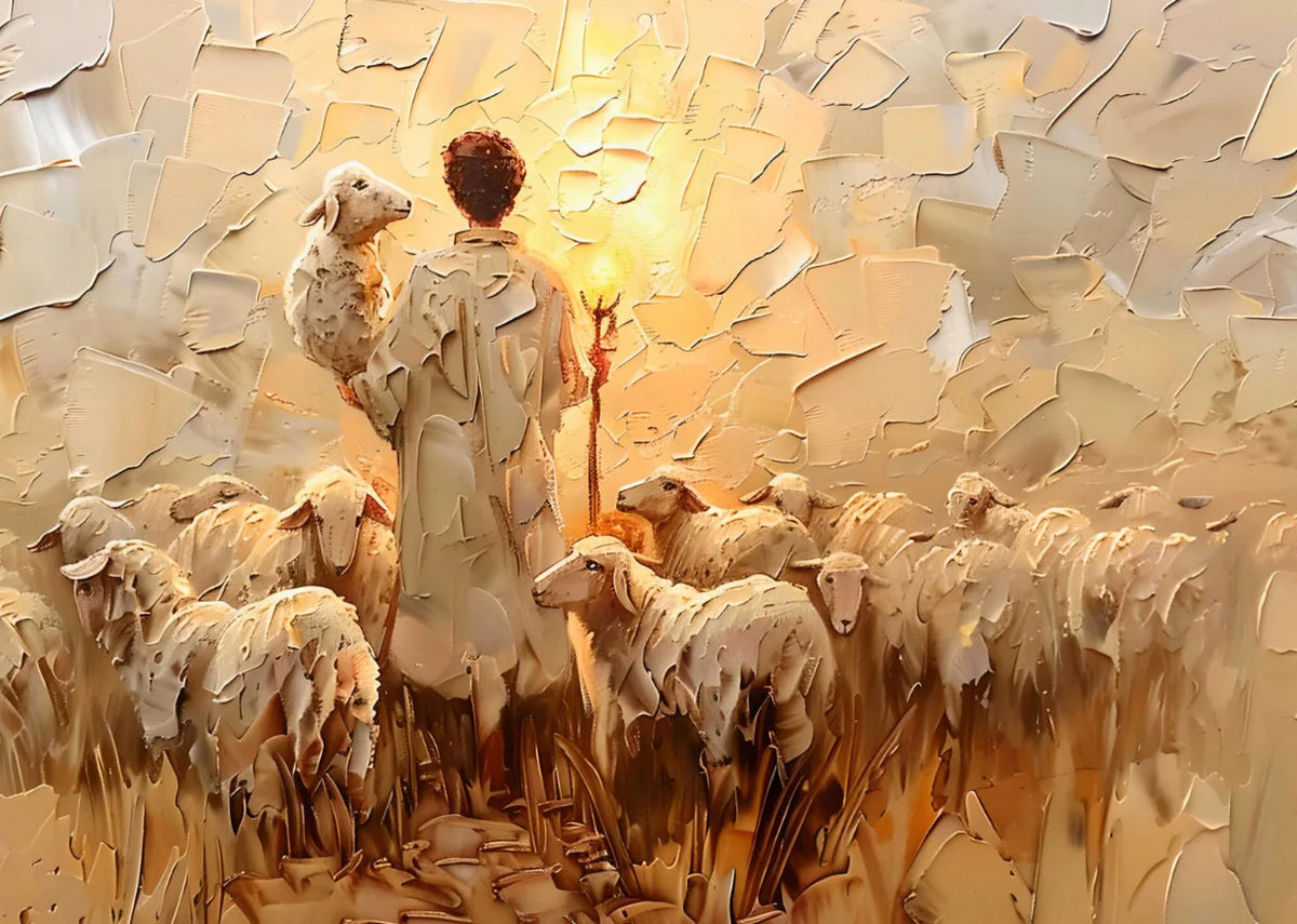 Peinture d'un berger debout dans un paysage doré et texturé avec des moutons au premier plan.