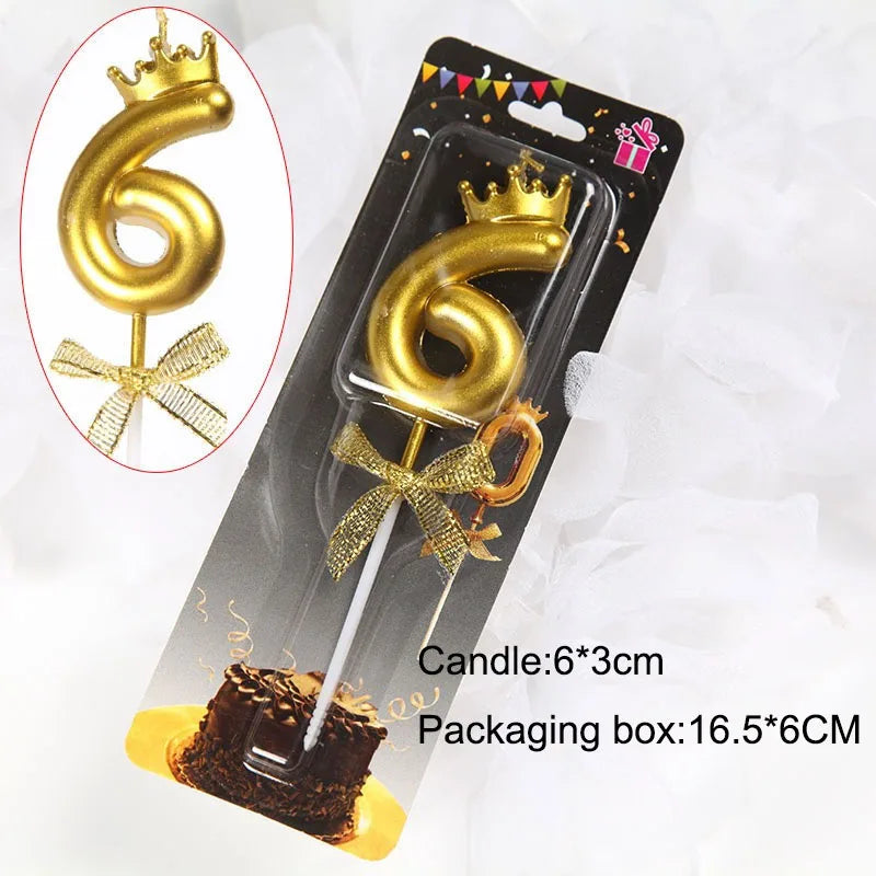 Gold 3D crown number cake candle for birthdays and celebrations in a packaging box