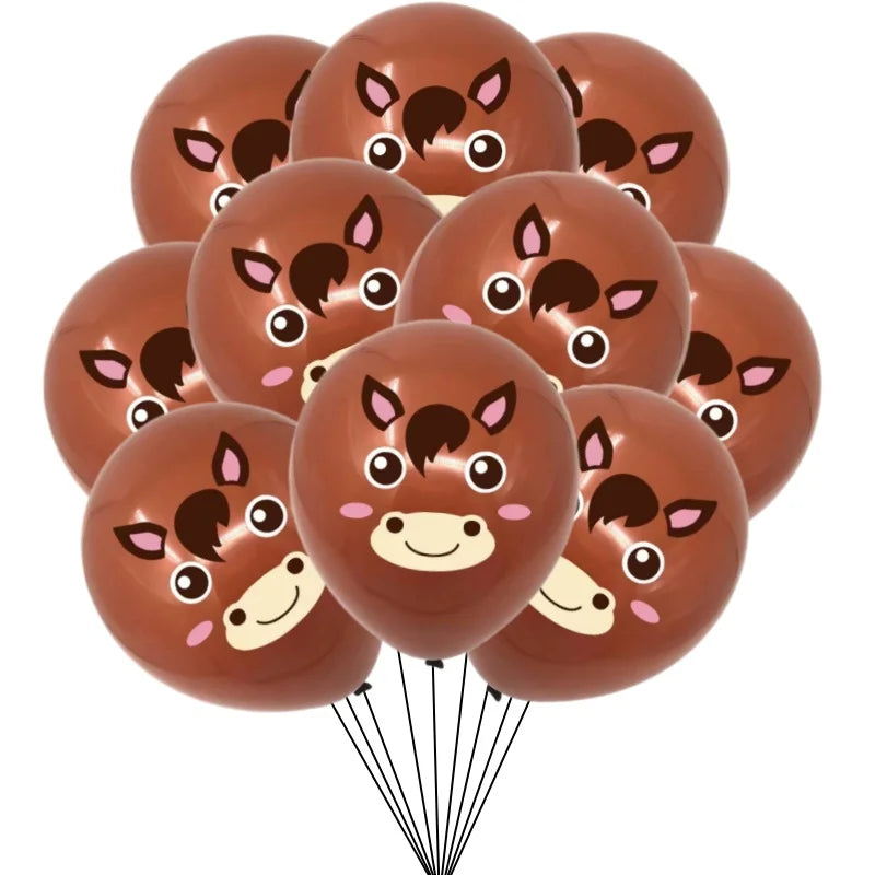 A set of brown latex balloons shaped like farm animals, including a horse and a donkey.