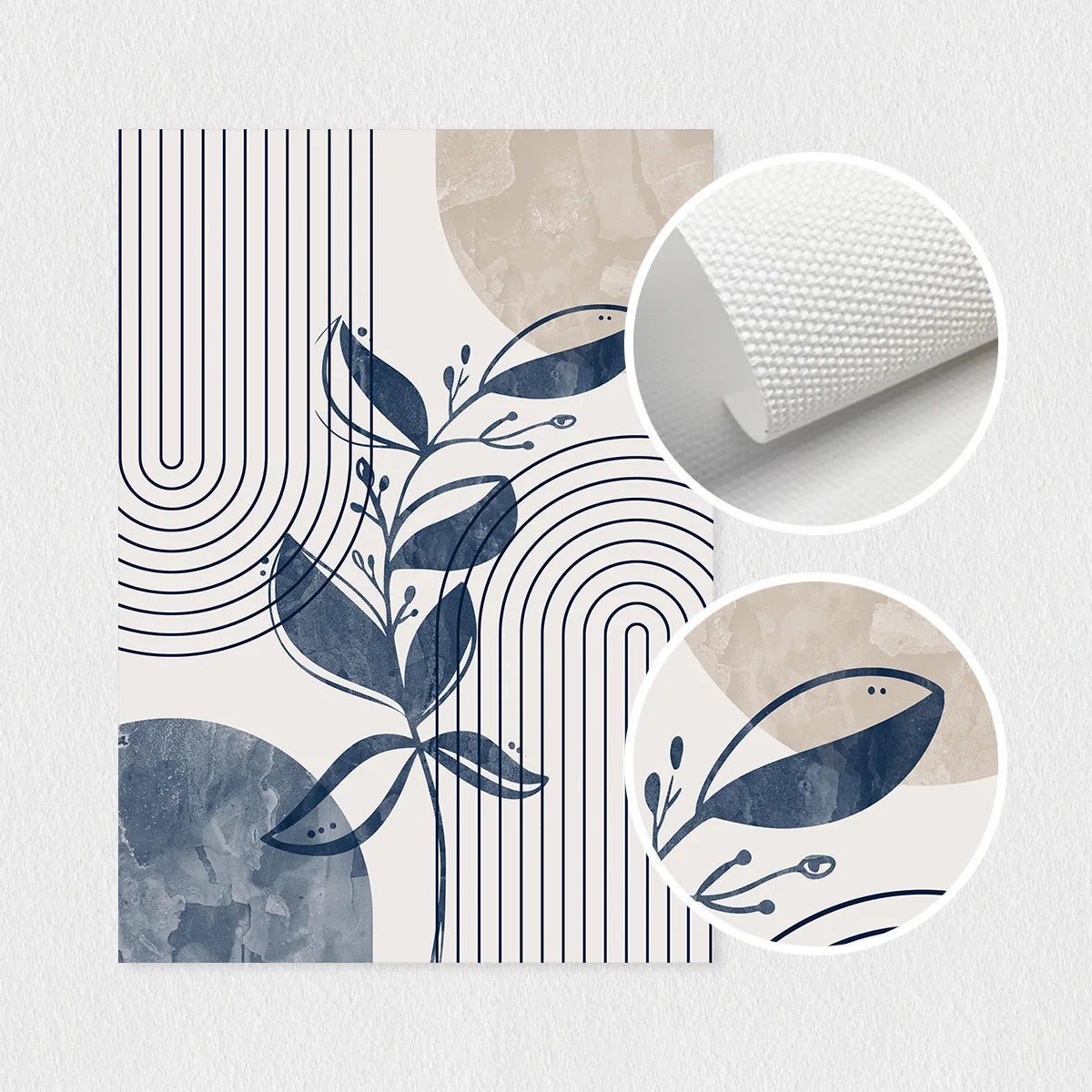 Set of three abstract geometric wall art prints featuring dark blue botanical line drawings on a light beige background.