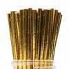 A close-up view of a pack of gold and bronze striped paper drinking straws.