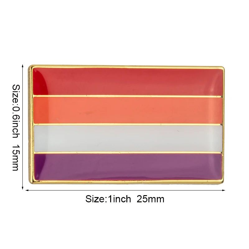 A rectangular lapel pin featuring five horizontal stripes of color: red, orange, white, and purple.