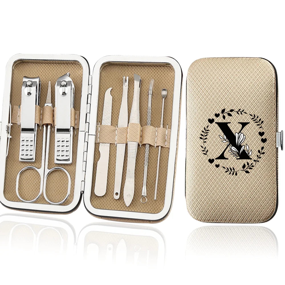 An open leather case displaying an 8-piece stainless steel manicure and pedicure kit with various tools.