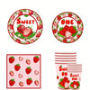 A set of strawberry themed disposable party tableware including plates, a cup, and a napkin.