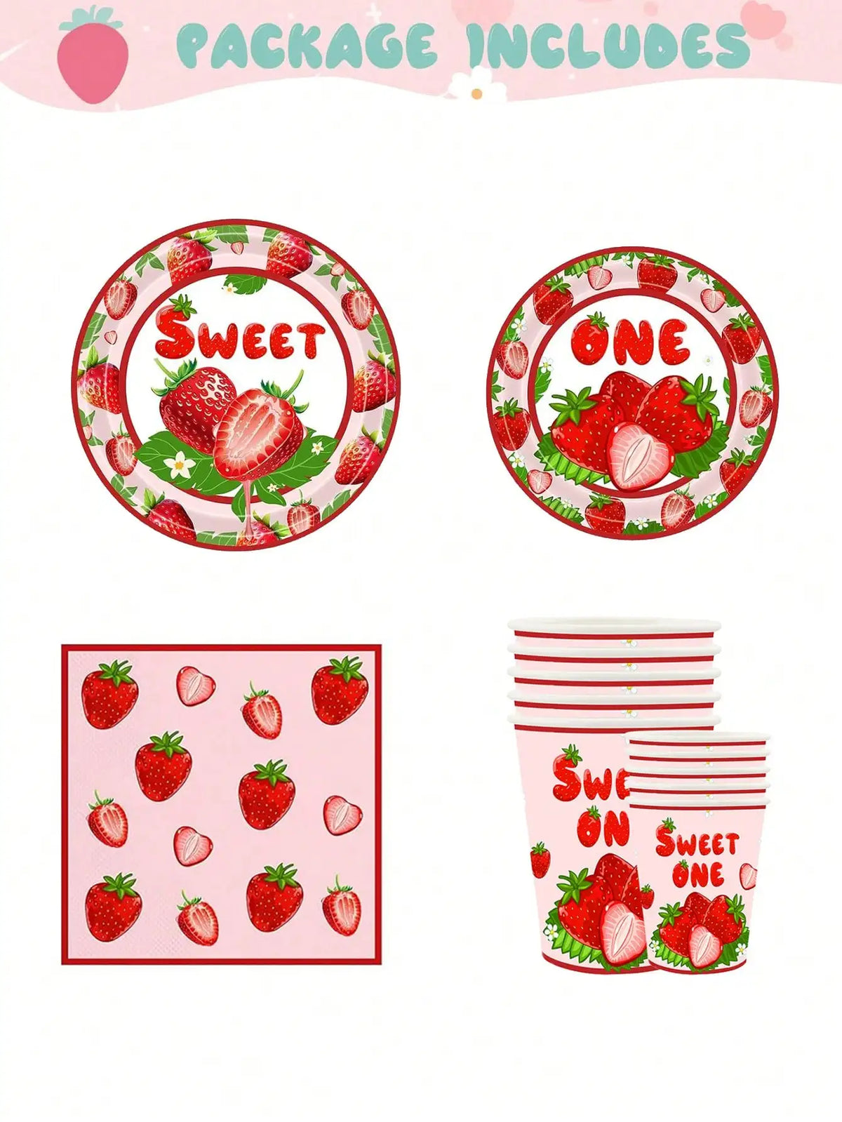 A set of strawberry themed disposable party tableware including plates, a cup, and a napkin.
