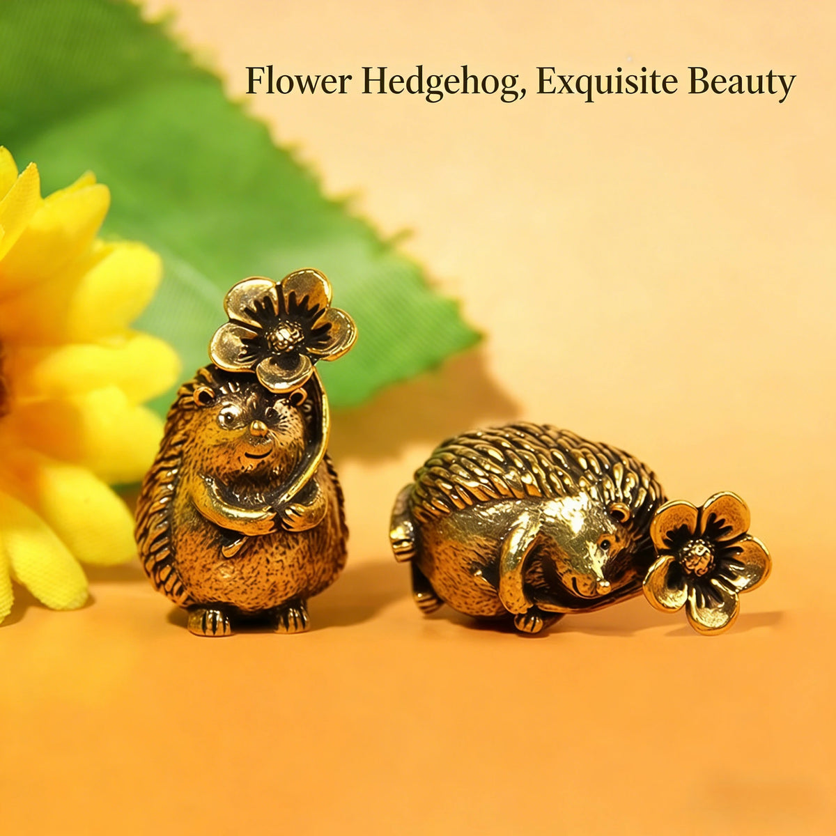 A brass hedgehog statue with a flower on its head, displayed on a yellow background.