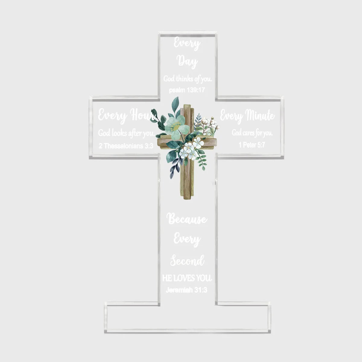 Clear acrylic cross with various Bible verses engraved on the arms and shaft for Christian decor