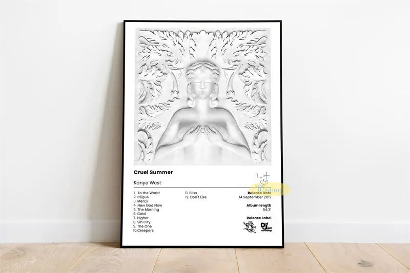 Arte lineal en blanco y negro de una figura femenina enmarcada por follaje, con el título Kanye West.
