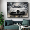 A vintage oil painting style canvas art of a white sports car with a dark background and dramatic lighting.
