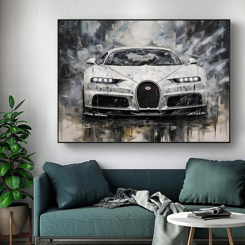 A vintage oil painting style canvas art of a white sports car with a dark background and dramatic lighting.