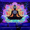 UV reactive chakra lotus tapestry wall hanging featuring a silhouette of a meditating figure surrounded by vibrant, colorful 