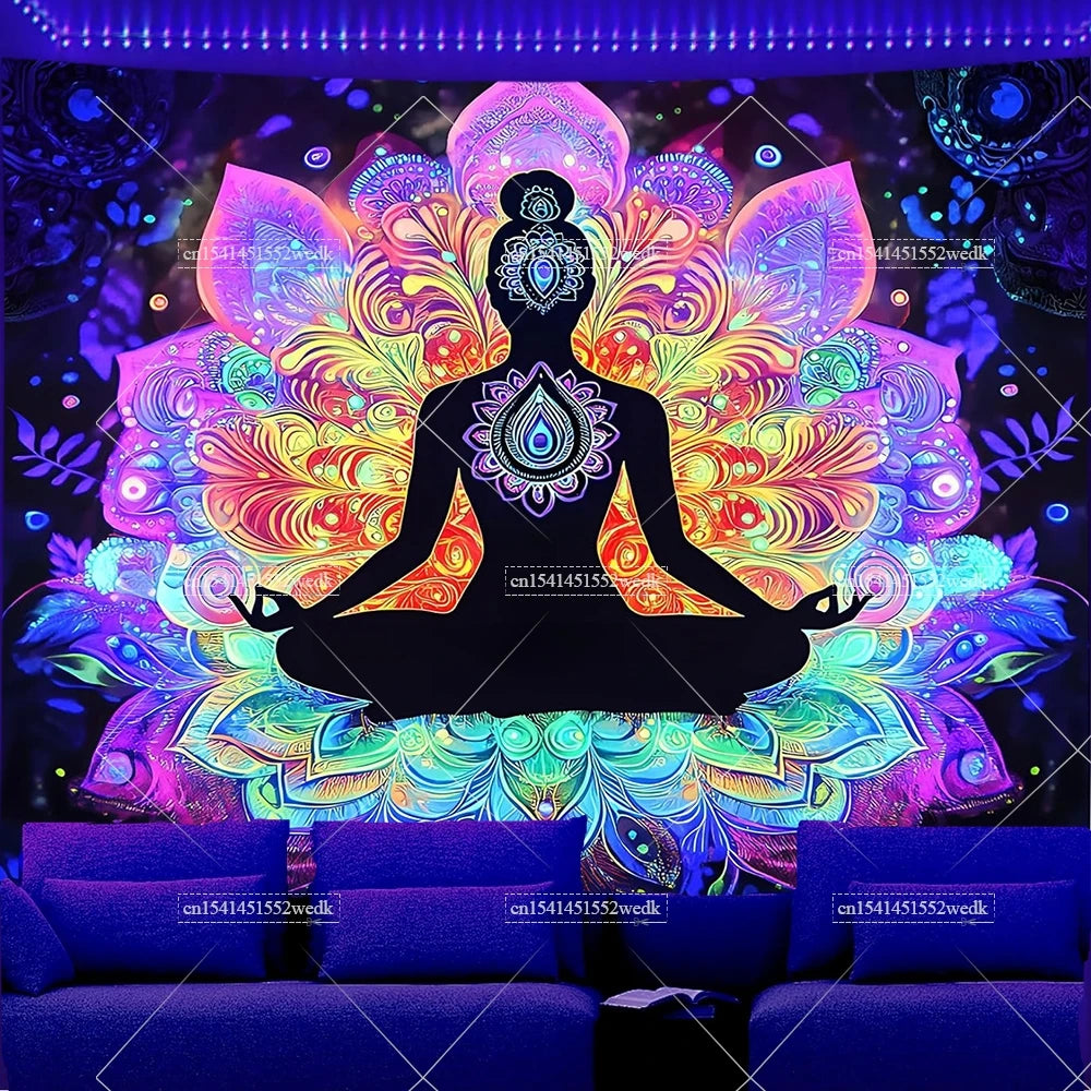 UV reactive chakra lotus tapestry wall hanging featuring a silhouette of a meditating figure surrounded by vibrant, colorful 