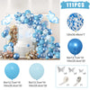 A balloon arrangement featuring blue and white balloons, including a large floral backdrop and various sized balloons.
