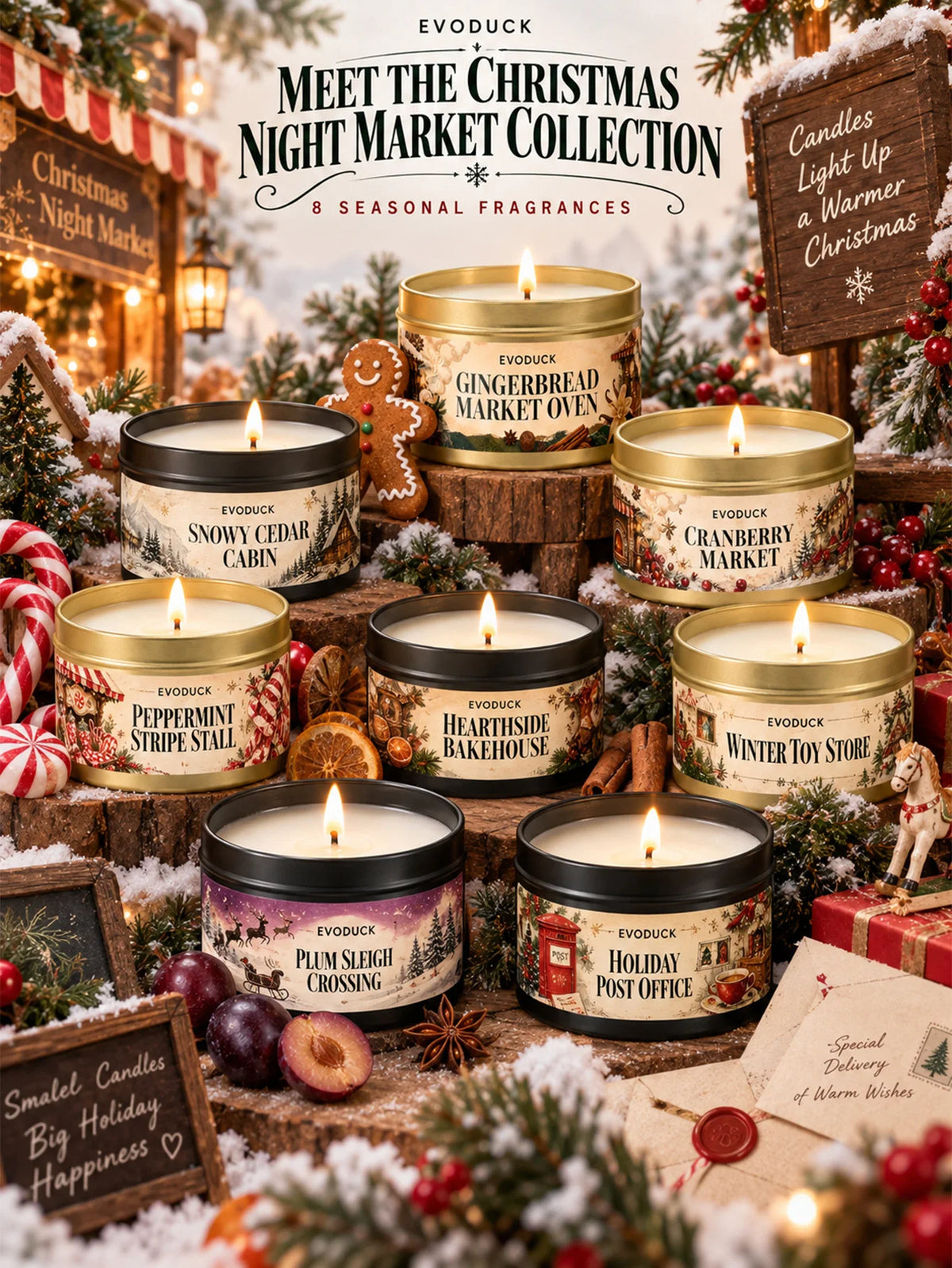 A collection of Evoduck Christmas night market scented candles in various tins and a gift box set.