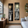 A black and white tapestry featuring a skull and sword design hanging on a beige wall.