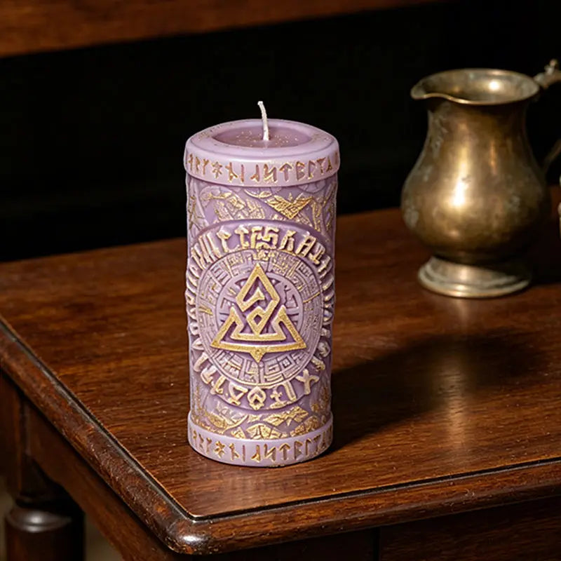 A tall purple silicone mold shaped like a rune candle is displayed on a wooden surface.