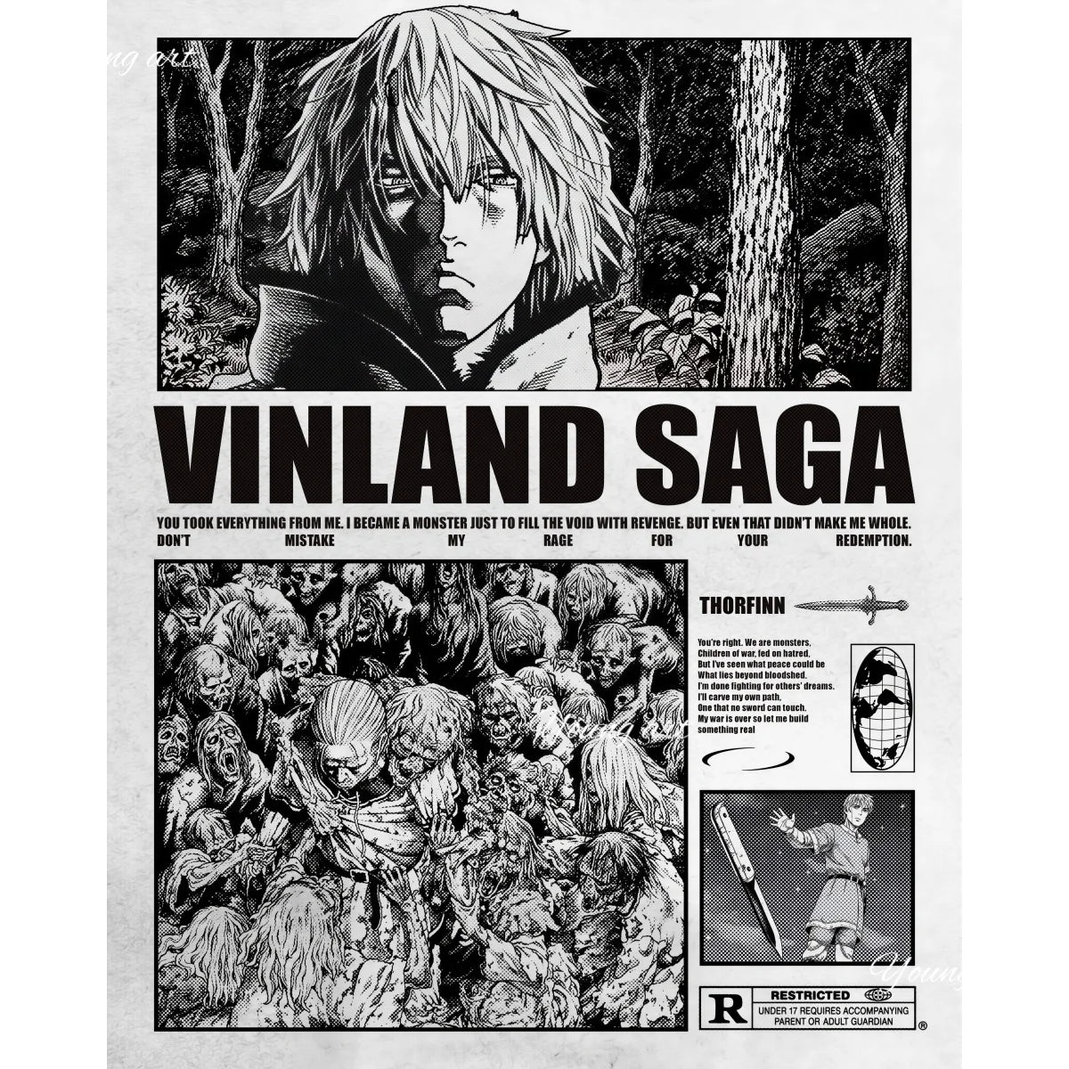 Black and white artwork featuring a fierce Viking warrior with long blonde hair in a dense forest setting.